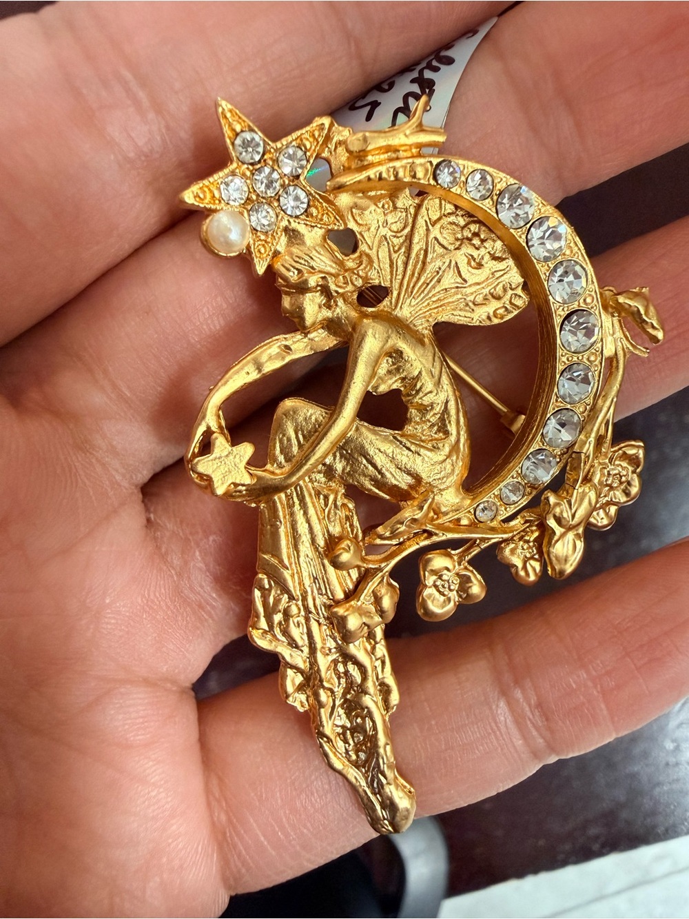 Gold Fairy and Crescent Moon Brooch with Crystal Accents